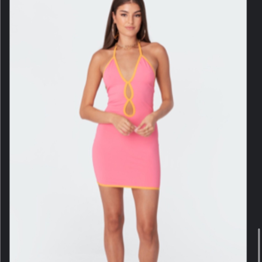 Pink Halter Mini Dress with Yellow Trim